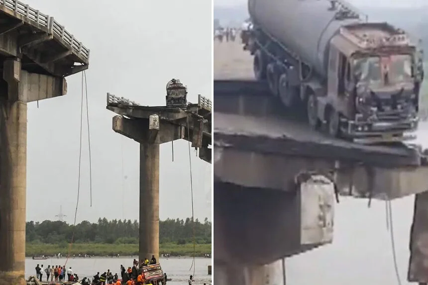 10 मरे, गुजरात, पुल, बीच से टूटा, नदी में गिरे, कई वाहन