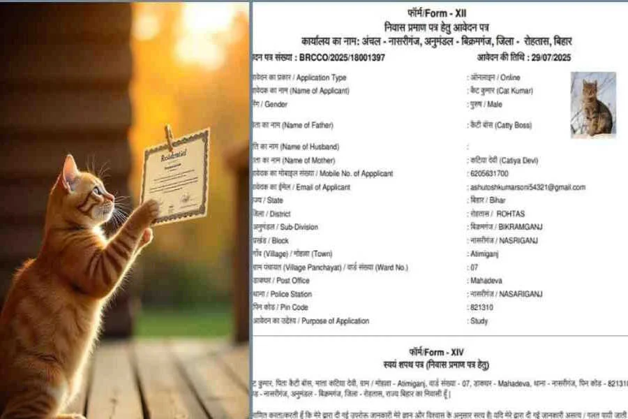 Caty, Cat, आवेदन, निवास सर्टिफिकेट, रोहतास, प्राथमिकी, ट्रंप, डॉग बाबू, ट्रैक्टर