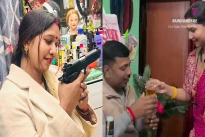 रोज डे, महिला, पति, गुलाब, शराब, पिस्टल, रील, वायरल, मुंगेर