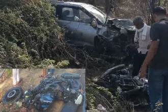 बाइक, कार, टक्कर, 3 मरे, बांका, सुल्तानगंज-देवघर, मार्ग, खाई, गिरी कार, 4 गंभीर