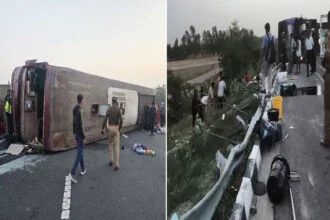 बस, सिवान, बिहार, एक्सप्रेस-वे, पलटी, दिल्ली, UP, दरोगा, कैदी, 6 मरे